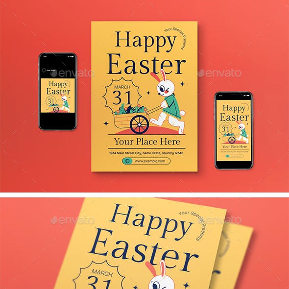 Yellow Flat Design Happy Easter Flyer Set